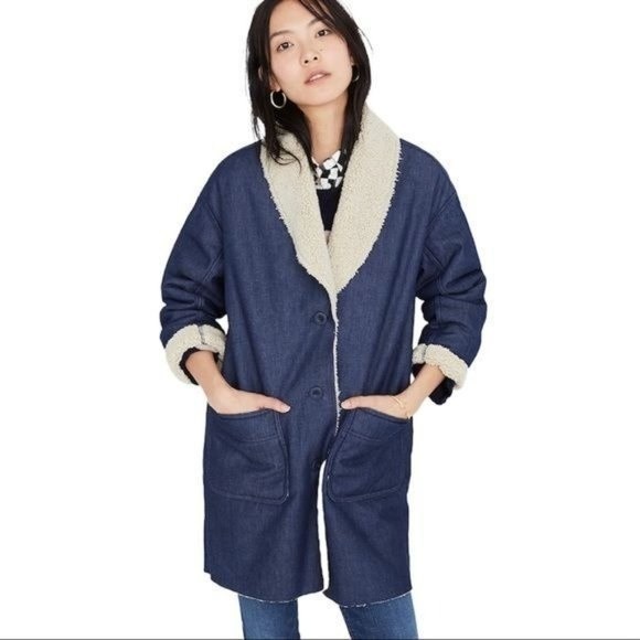 MADEWELL Size Small Sherpa-Bonded Denim Cocoon Coat Mid-Length Front Pockets - Picture 3 of 10